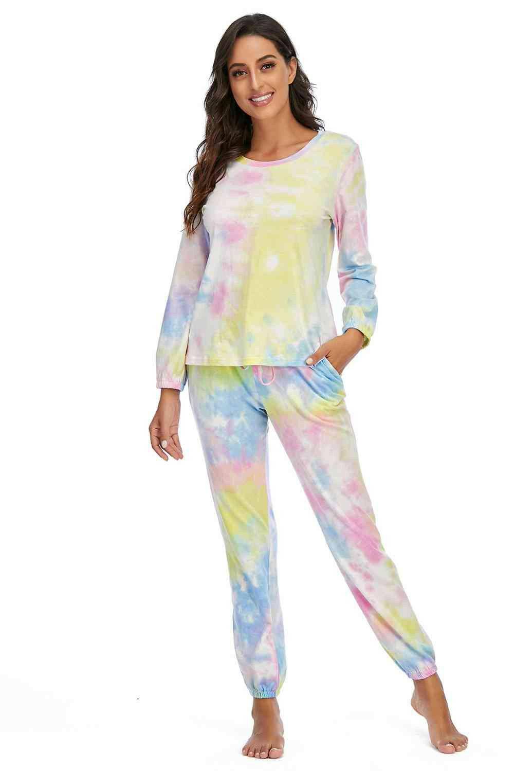 Tie-Dye Top and Drawstring Pants Lounge Set - Carri's Cache