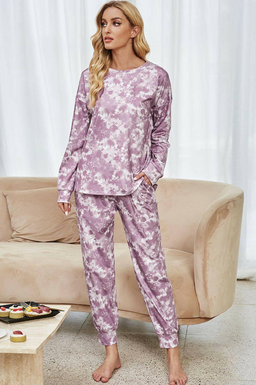 Tie-Dye Long Sleeve Top and Drawstring Joggers Lounge Set.