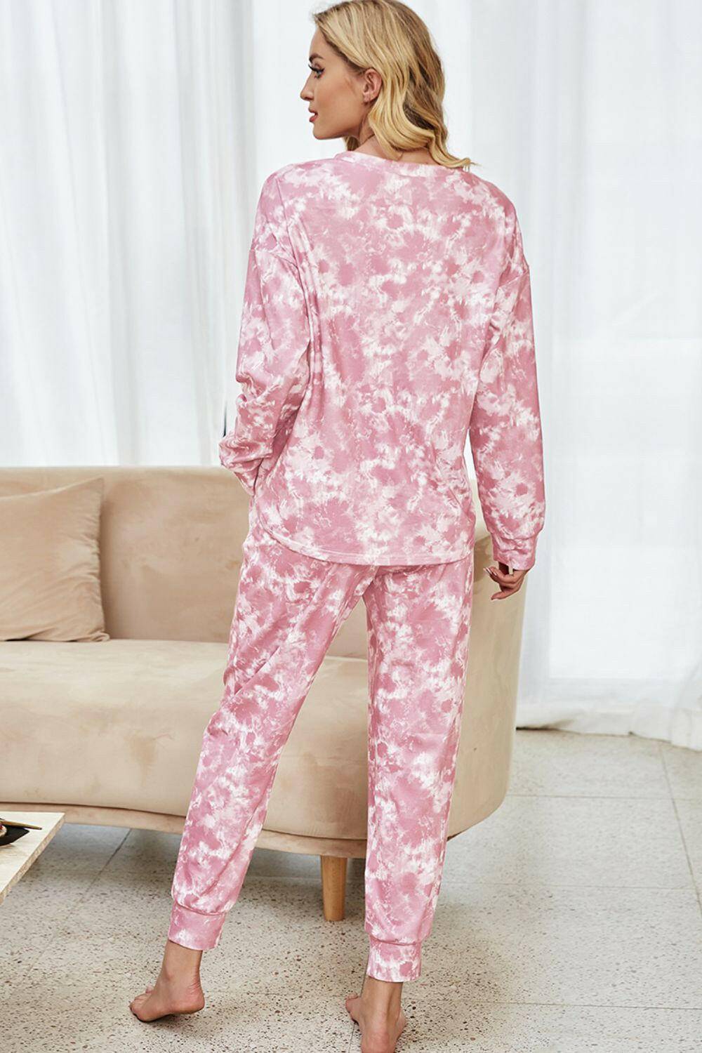 Tie-Dye Long Sleeve Top and Drawstring Joggers Lounge Set.