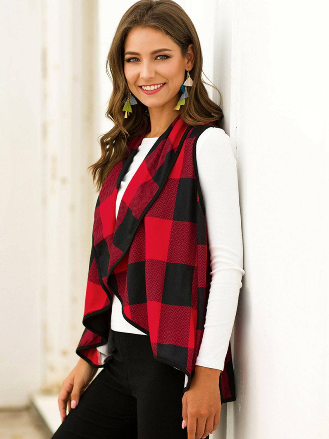 Plaid Open Front Sleeveless Cardigan - Carri's Cache