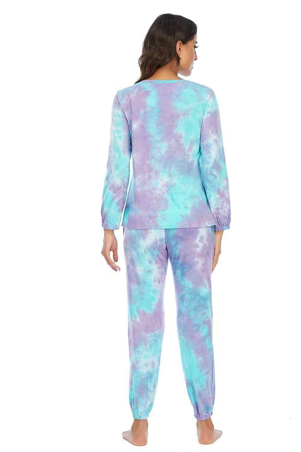 Tie-Dye Top and Drawstring Pants Lounge Set - Carri's Cache