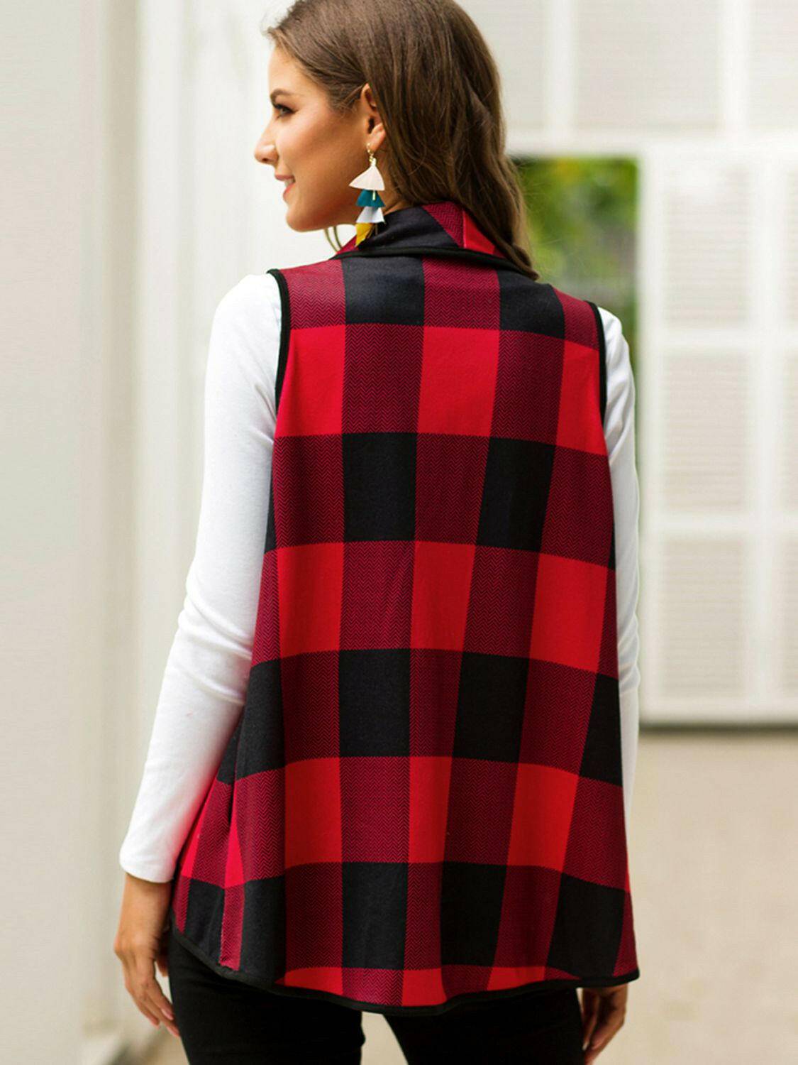 Plaid Open Front Sleeveless Cardigan - Carri's Cache
