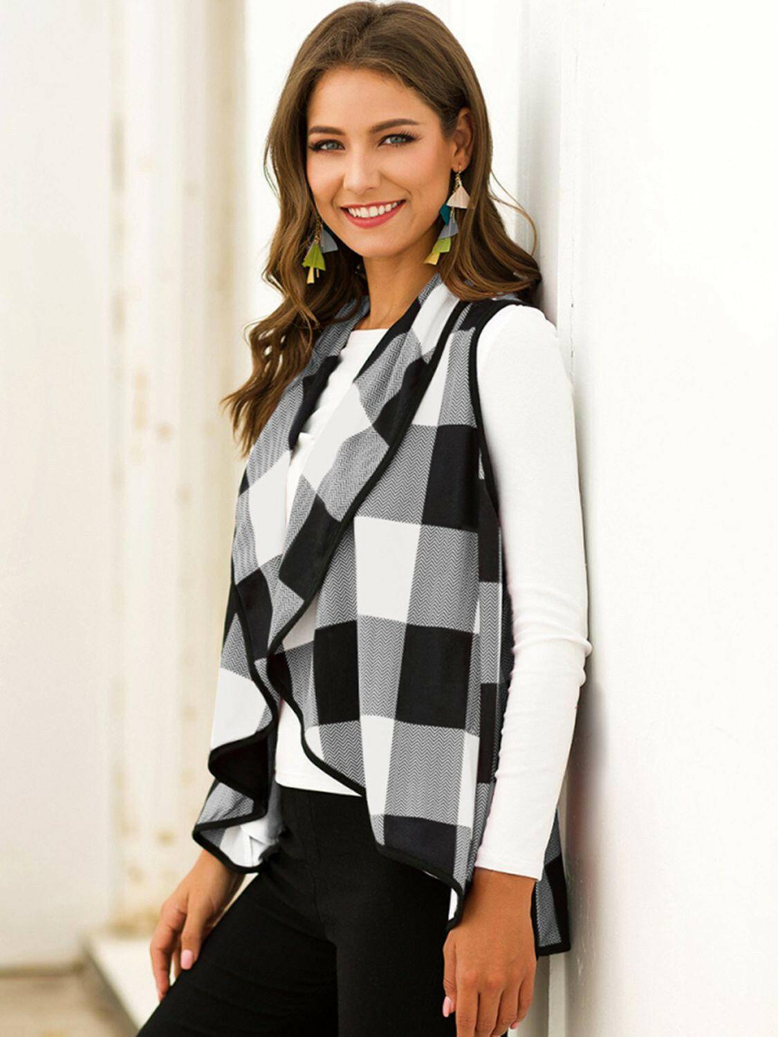 Plaid Open Front Sleeveless Cardigan - Carri's Cache