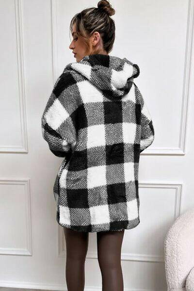 Double Take Full Size Plaid Long Sleeve Hooded Coat - Carri's Cache