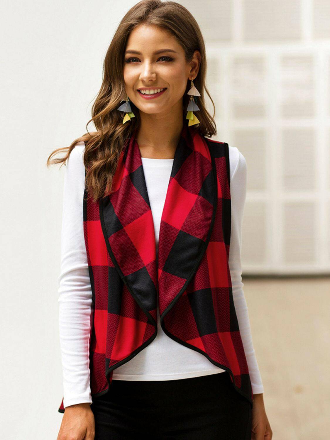 Plaid Open Front Sleeveless Cardigan - Carri's Cache