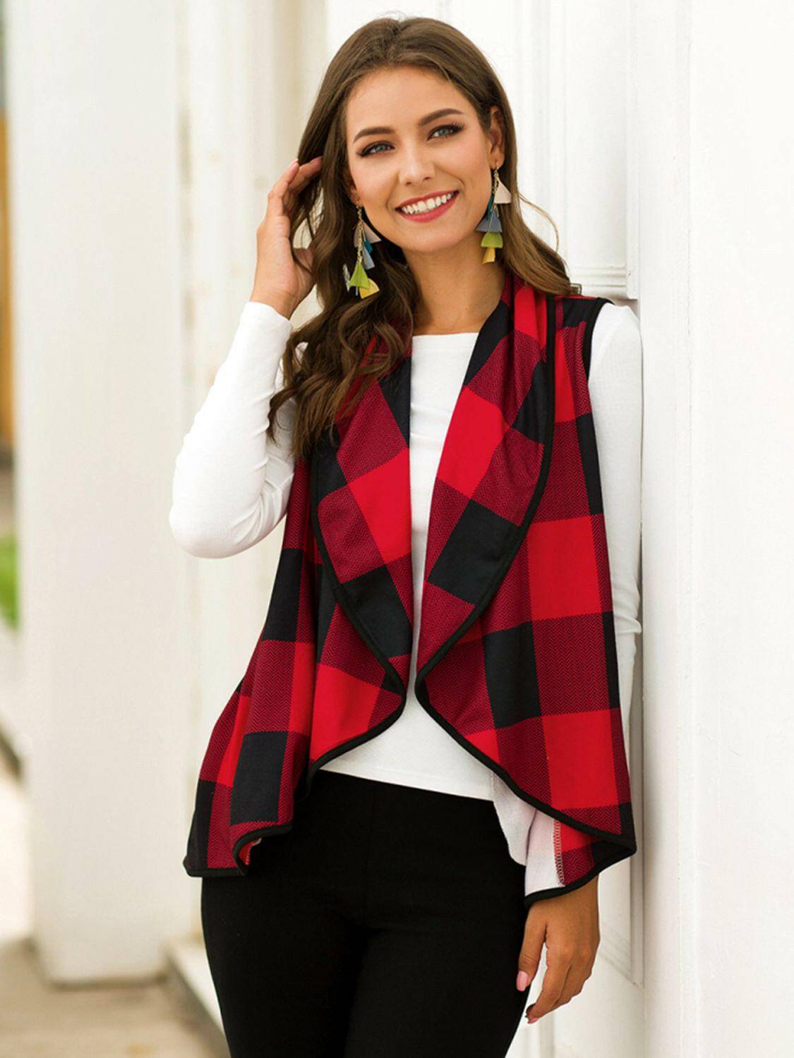Plaid Open Front Sleeveless Cardigan - Carri's Cache
