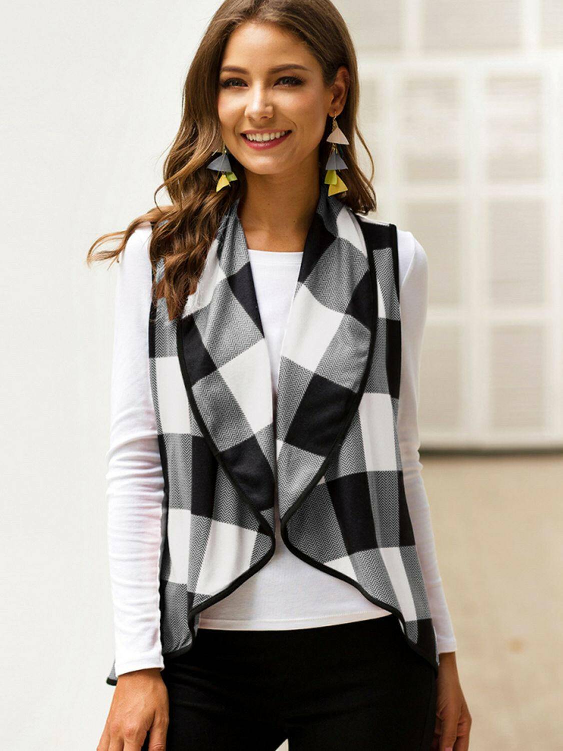 Plaid Open Front Sleeveless Cardigan - Carri's Cache