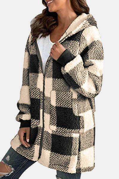 Double Take Full Size Plaid Long Sleeve Hooded Coat - Carri's Cache