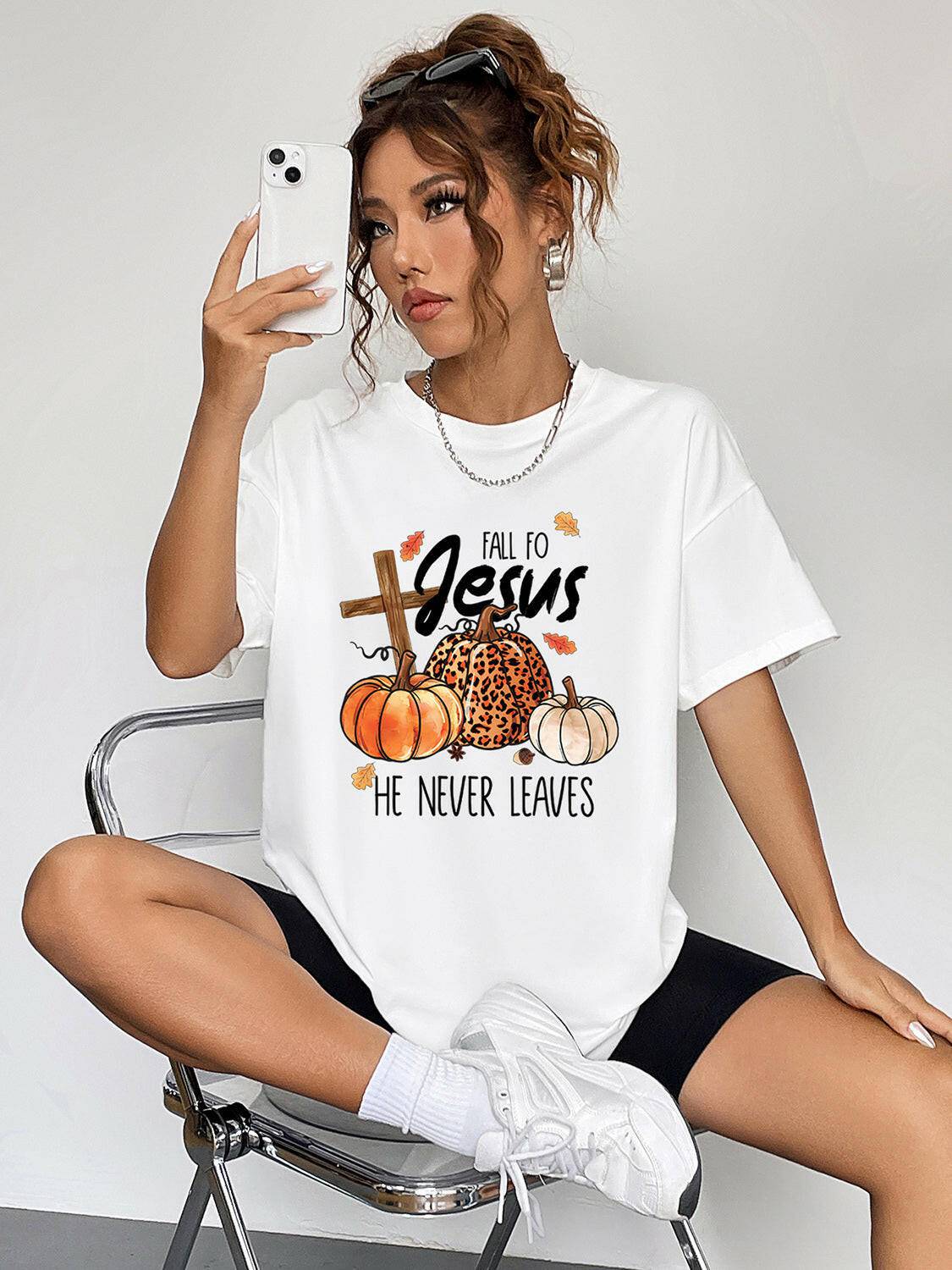 Round Neck Short Sleeve Fall Season Graphic T-Shirt - Carri's Cache