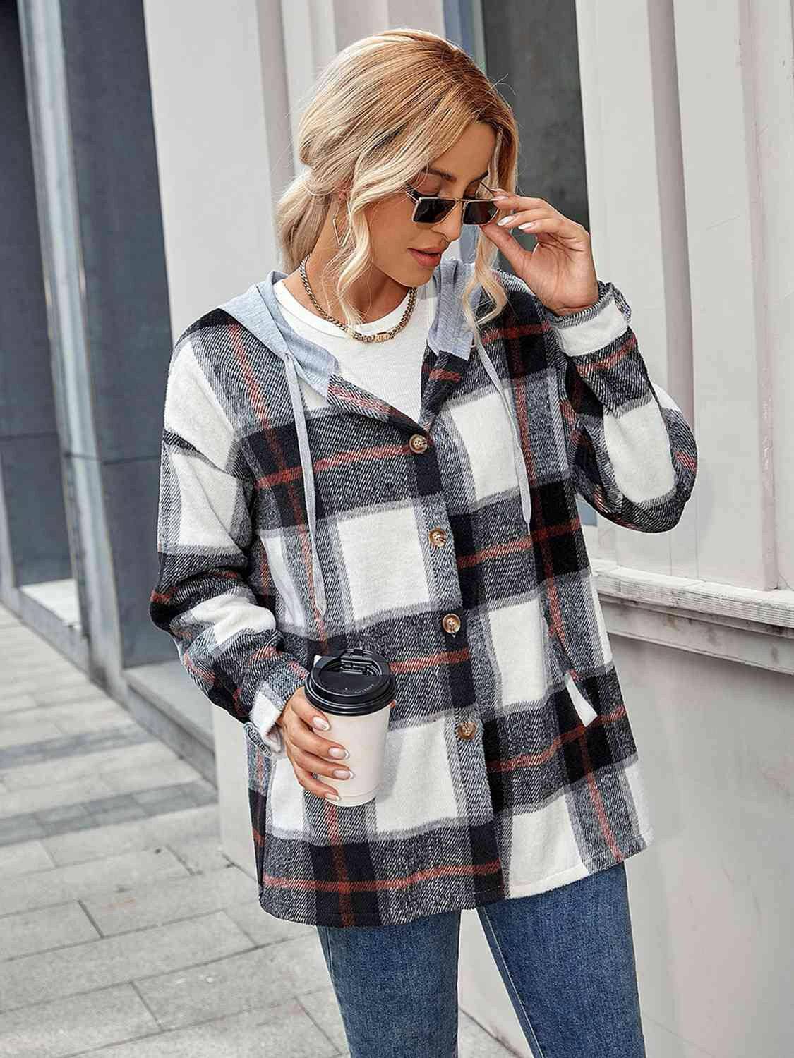 Plaid Hooded Jacket with Pockets - Carri's Cache