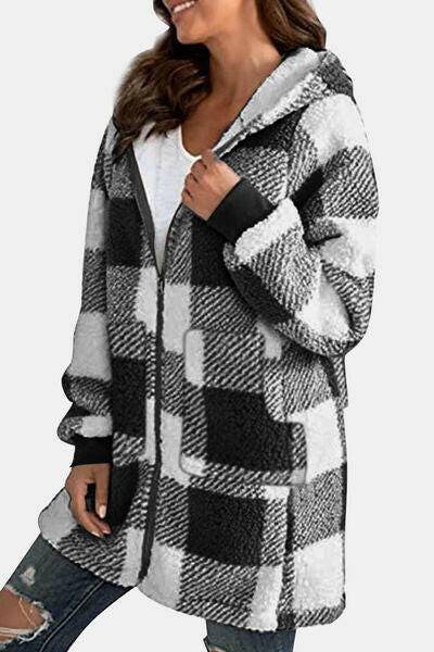 Double Take Full Size Plaid Long Sleeve Hooded Coat - Carri's Cache