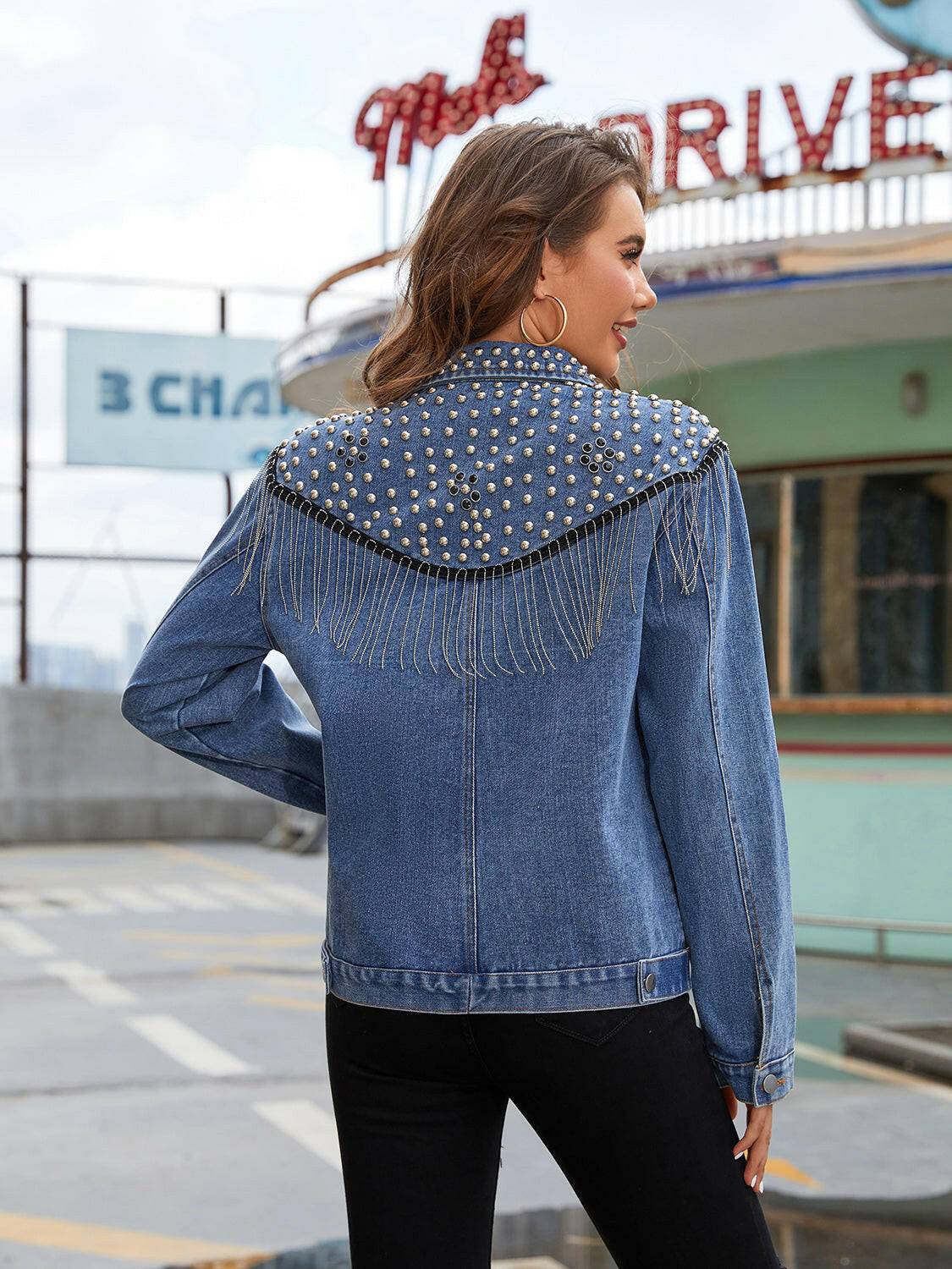 Studded Fringe Button Down Denim Jacket - Carri's Cache