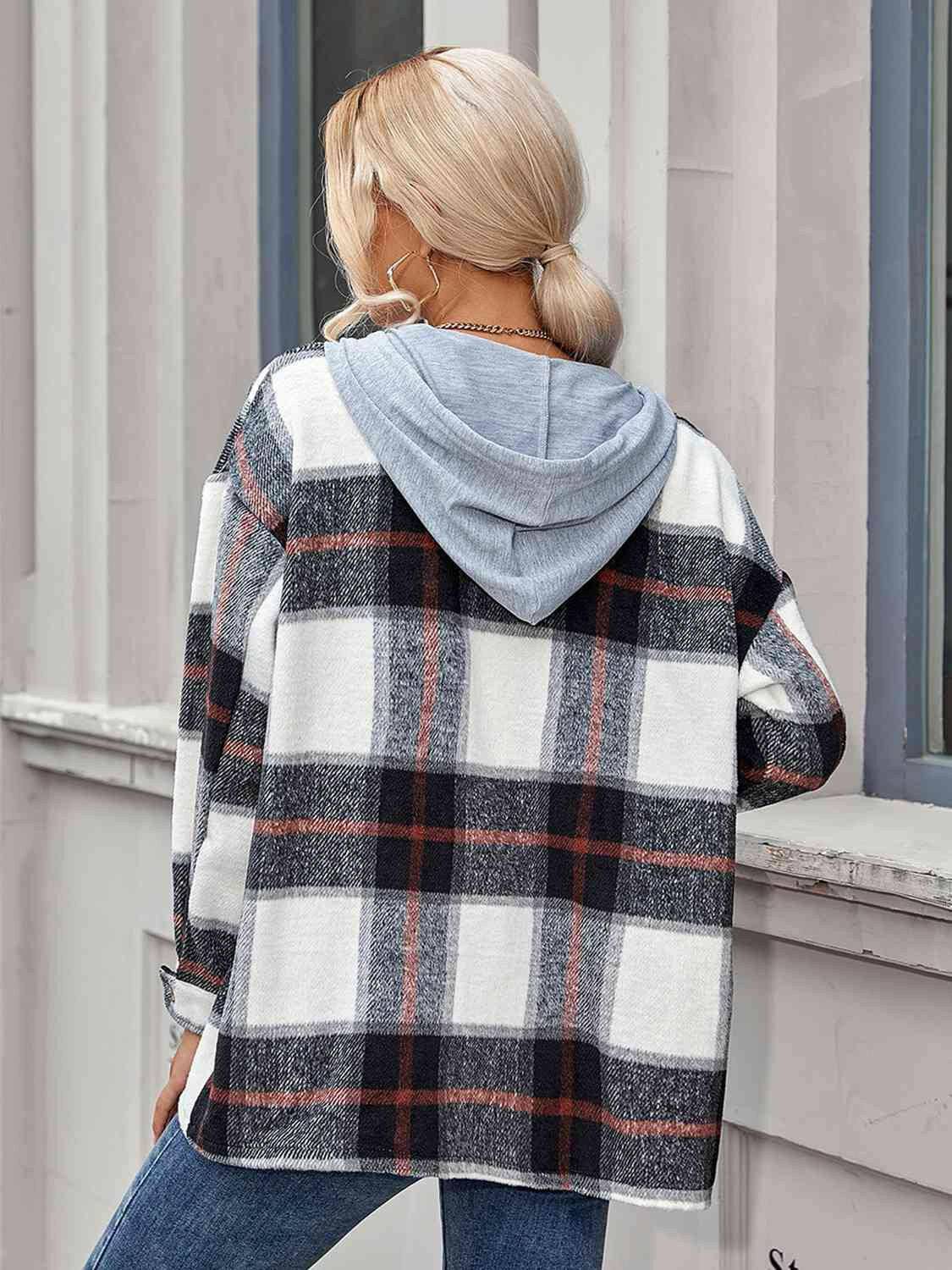 Plaid Hooded Jacket with Pockets - Carri's Cache