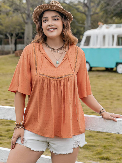 Plus Size Ruched Tie Neck Half Sleeve Blouse - Carri's Cache