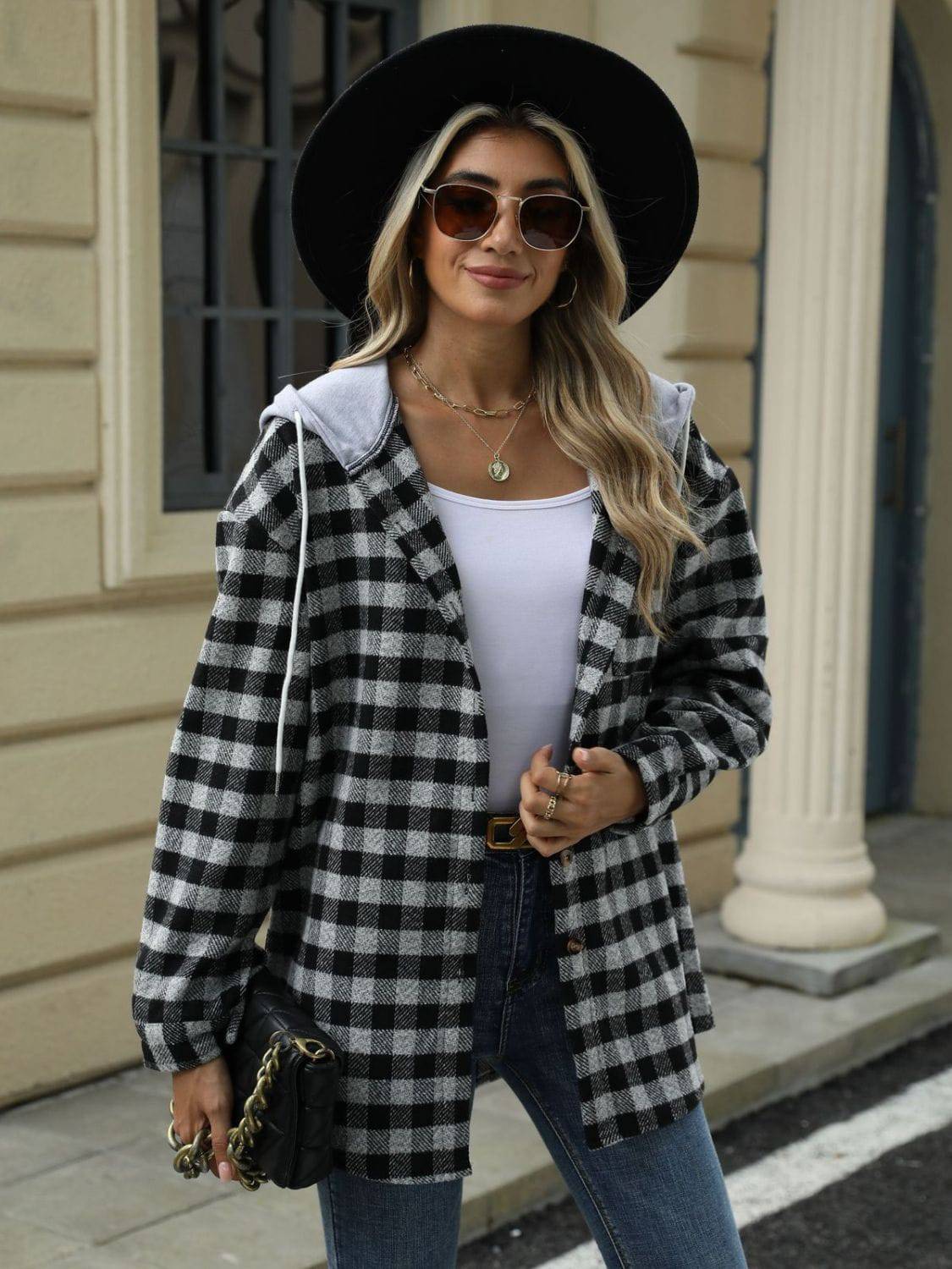 Drawstring Plaid Long Sleeve Hooded Jacket - Carri's Cache