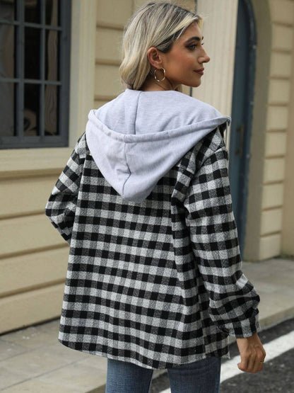 Drawstring Plaid Long Sleeve Hooded Jacket - Carri's Cache