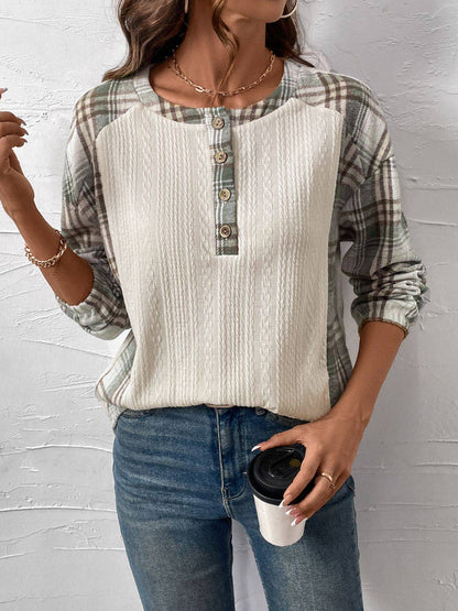 Perfee Plaid Half Button Long Sleeve T-Shirt