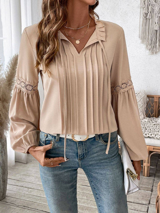 Perfee Frill Tie Neck Long Sleeve Blouse - Carri's Cache