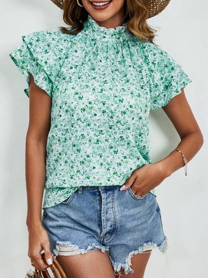 Ditsy Floral Mock Neck Flounce Sleeve Blouse - Carri's Cache