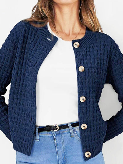 Button Up Round Neck Long Sleeve Cardigan - Carri's Cache