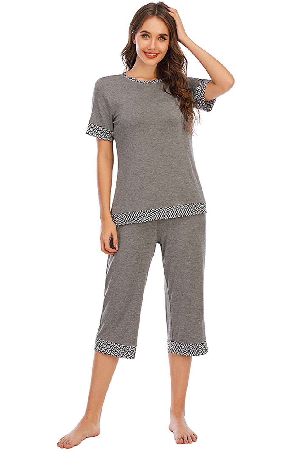 Round Neck Short Sleeve Top and Capris Pants Lounge Set - Carri's Cache