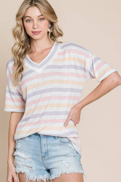 BOMBOM Striped V-Neck Short Sleeve T-Shirt - Carri's Cache