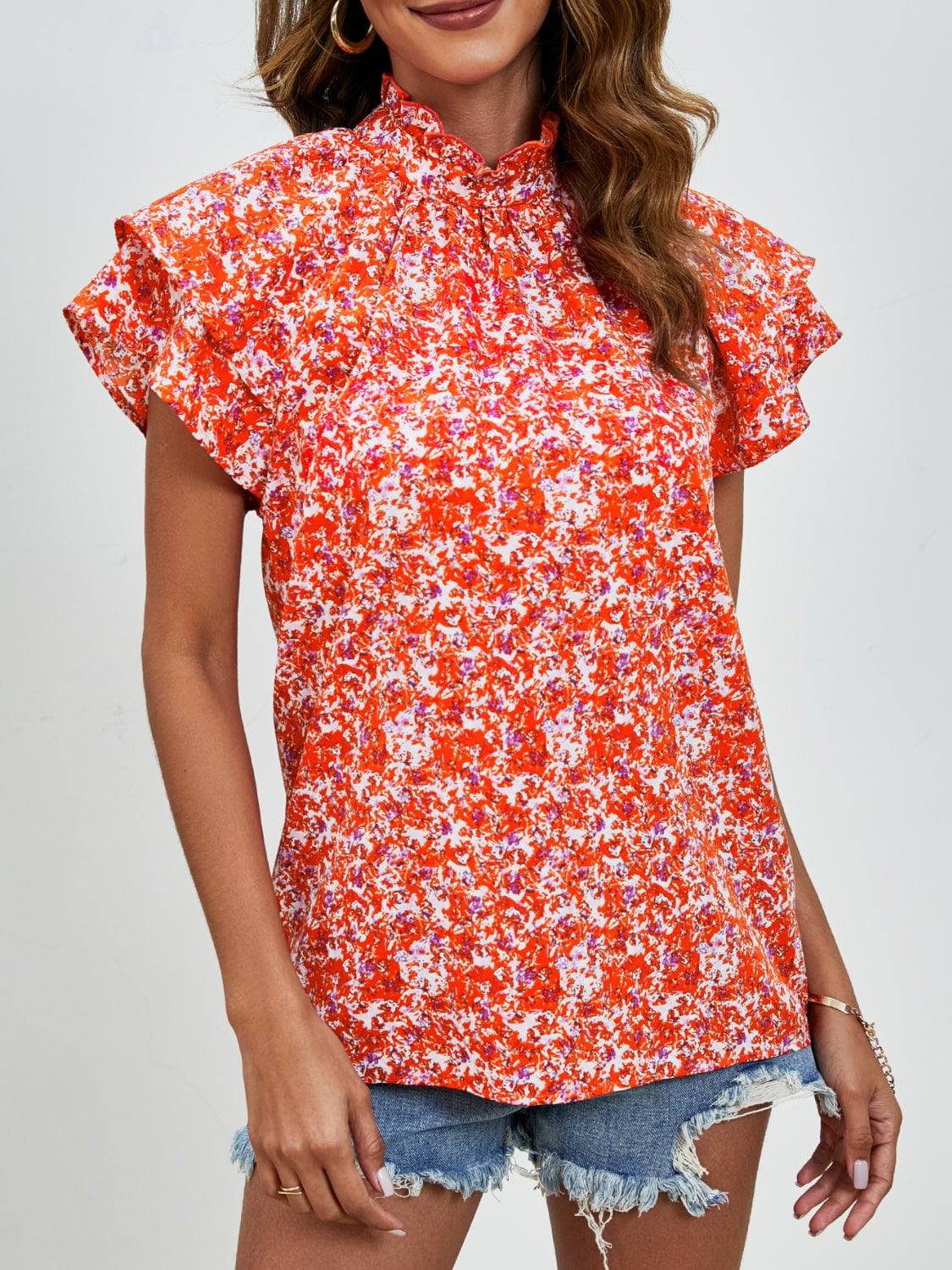 Ditsy Floral Mock Neck Flounce Sleeve Blouse - Carri's Cache