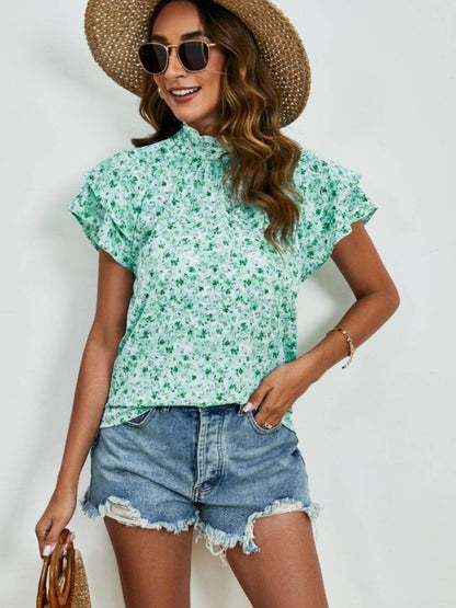 Ditsy Floral Mock Neck Flounce Sleeve Blouse - Carri's Cache