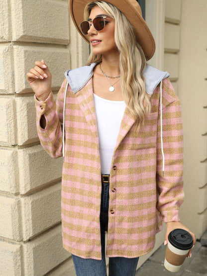 Drawstring Plaid Long Sleeve Hooded Jacket - Carri's Cache