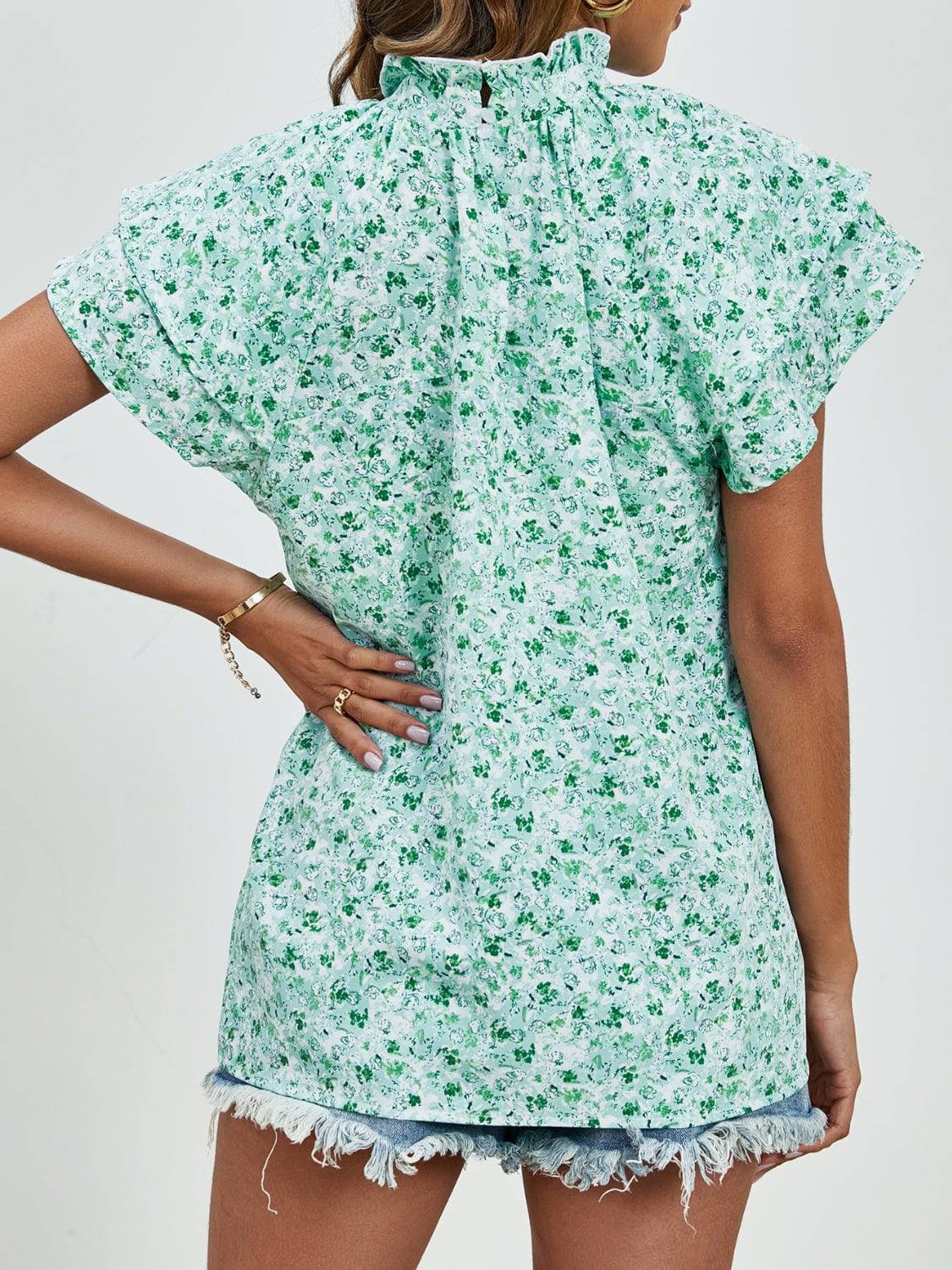 Ditsy Floral Mock Neck Flounce Sleeve Blouse - Carri's Cache