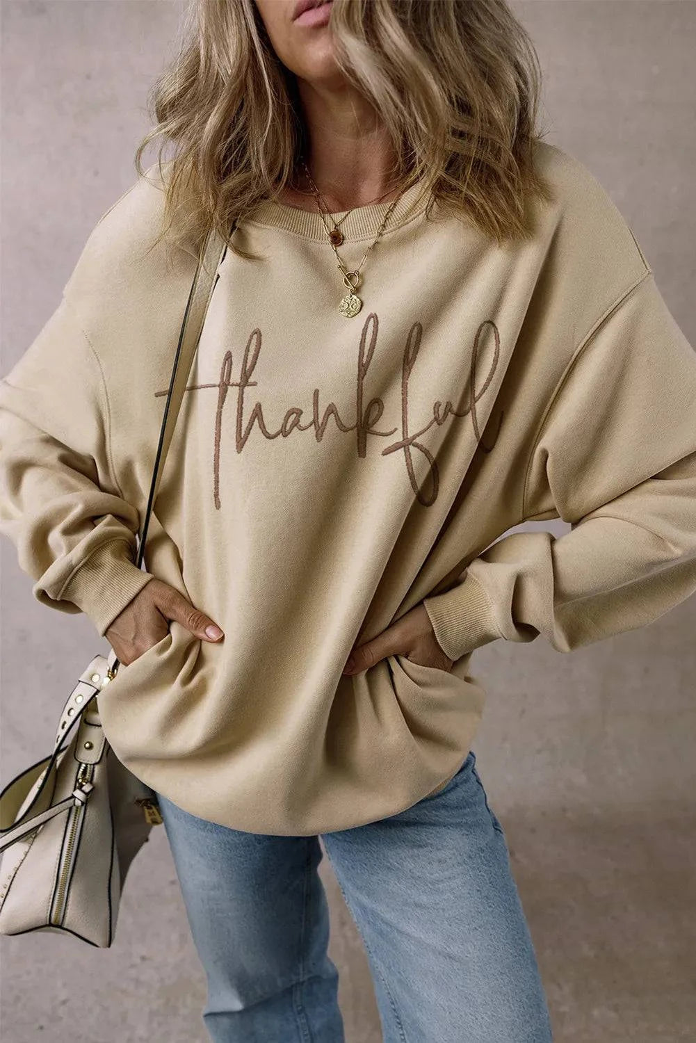 THANKFUL Round Neck Long Sleeve Sweatshirt - Carri's Cache