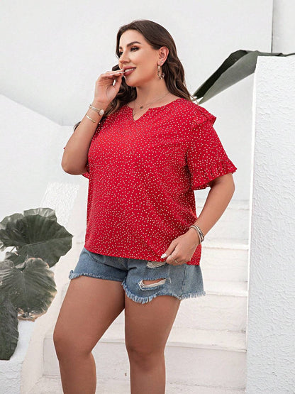 Plus Size Polka Dot Notched Flounce Sleeve Blouse