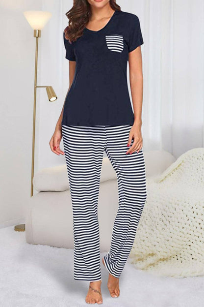 Pocketed Short Sleeve Top and Striped Pants Lounge Set