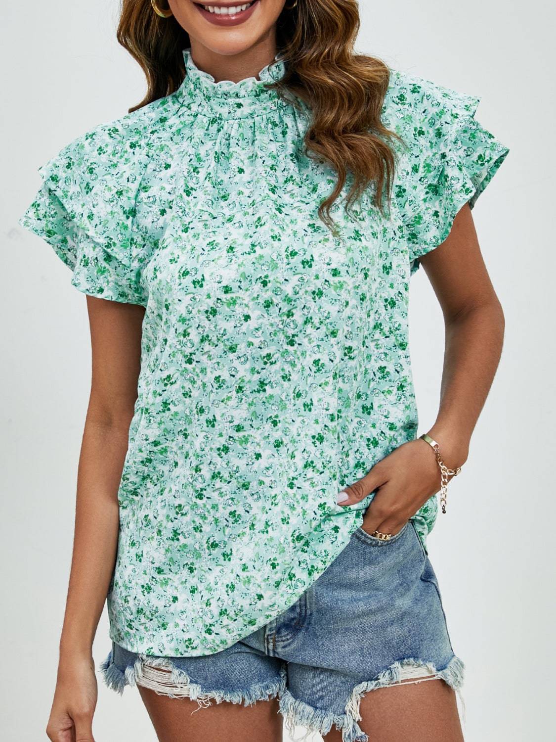 Ditsy Floral Mock Neck Flounce Sleeve Blouse - Carri's Cache