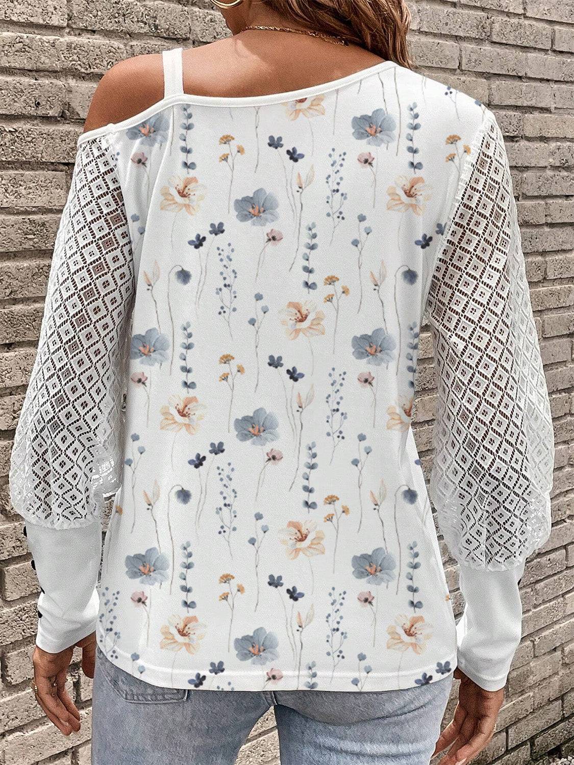 Printed Asymmetrical Neck Lantern Sleeve T-Shirt - Carri's Cache