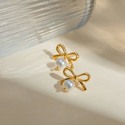 Stainless Steel Bow Pearl Earrings - Carri's Cache