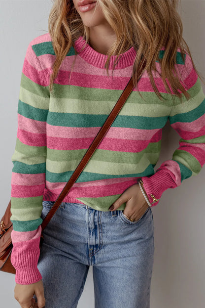 Striped Round Neck Long Sleeve Sweater - Carri's Cache