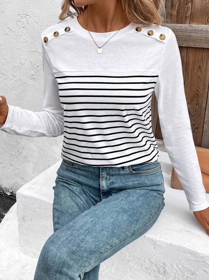 Decorative Button Striped Round Neck Long Sleeve T-Shirt - Carri's Cache