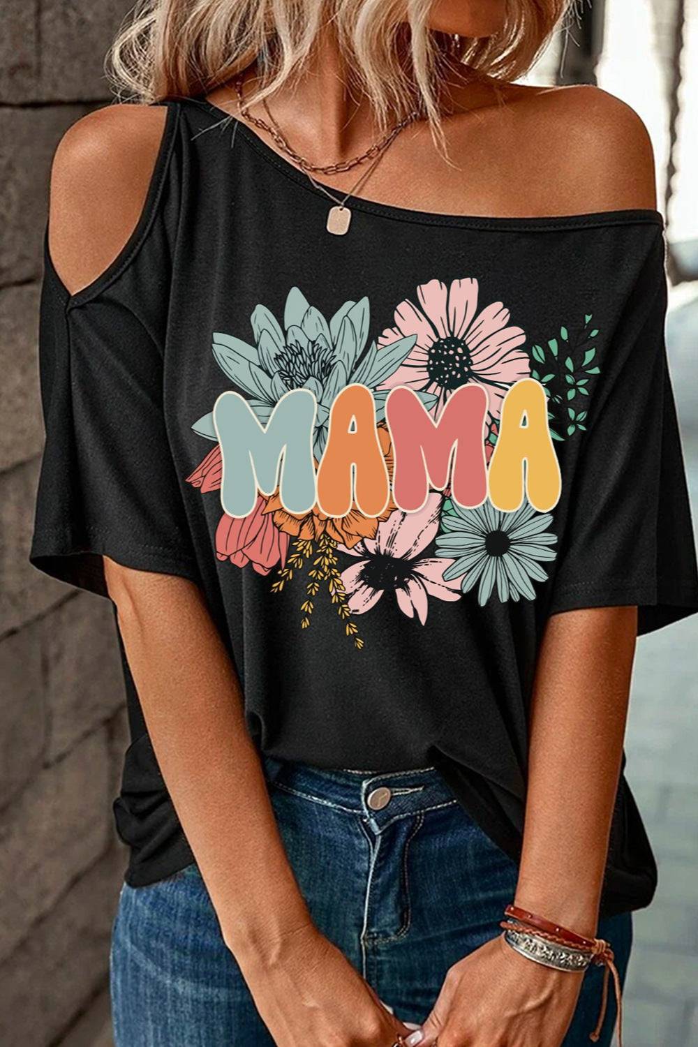 MAMA One Shoulder Half Sleeve T-Shirt - Carri's Cache