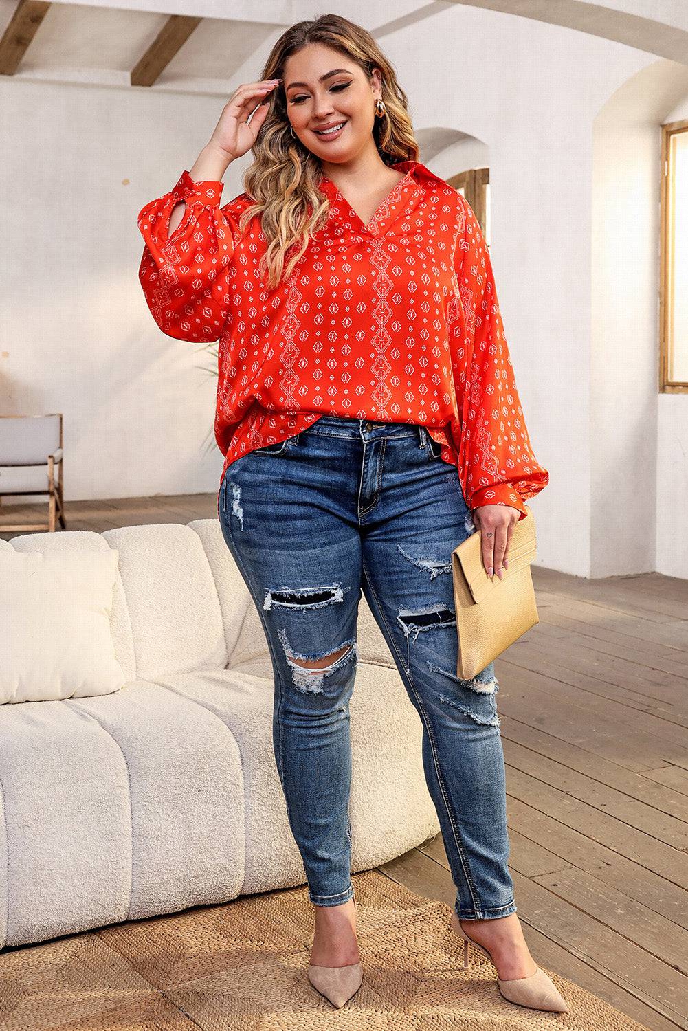 Plus Size Printed Johnny Collar Long Sleeve Blouse