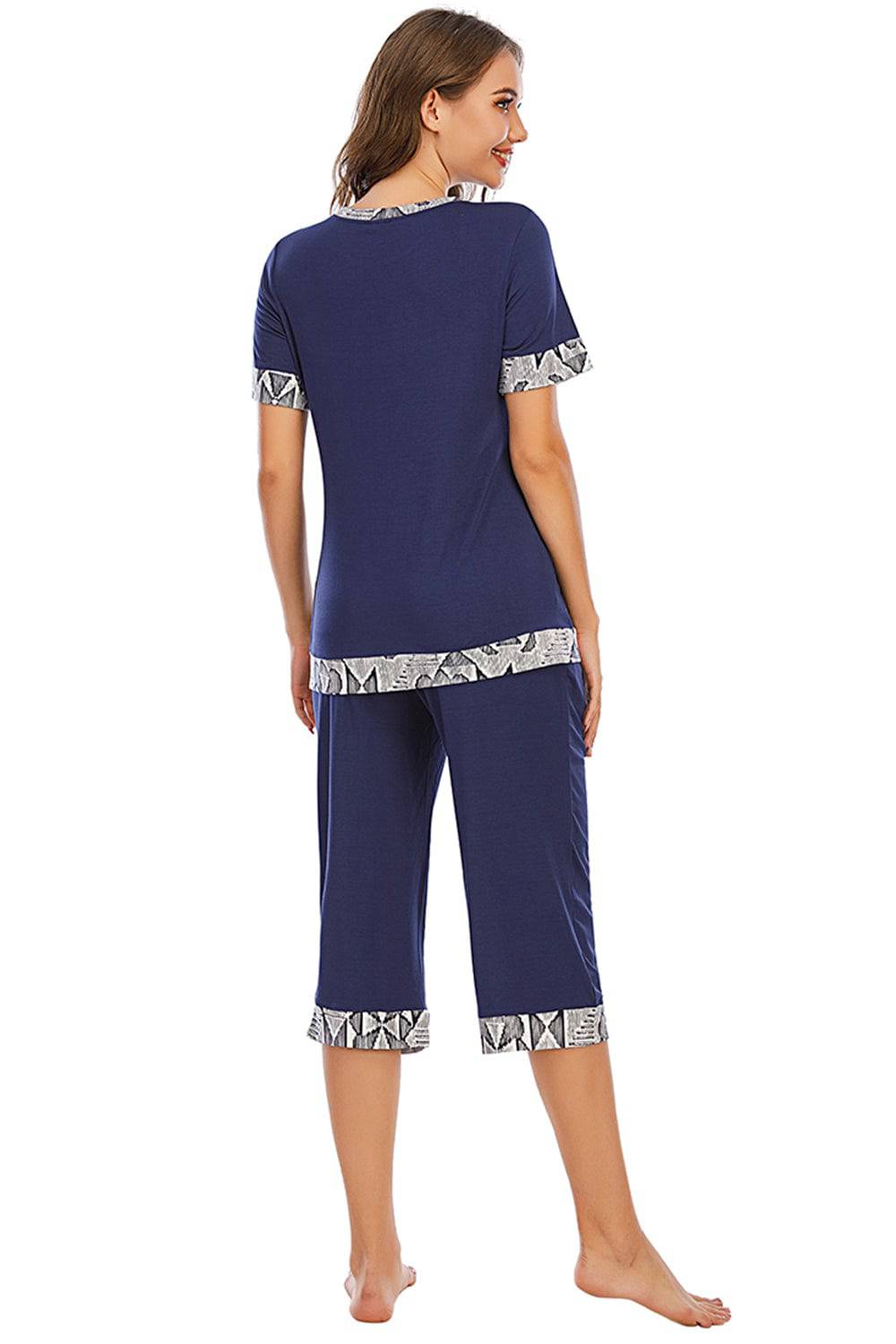 Round Neck Short Sleeve Top and Capris Pants Lounge Set - Carri's Cache