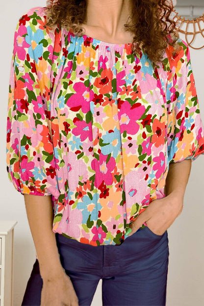 Printed Round Neck Half Sleeve Blouse - Carri's Cache