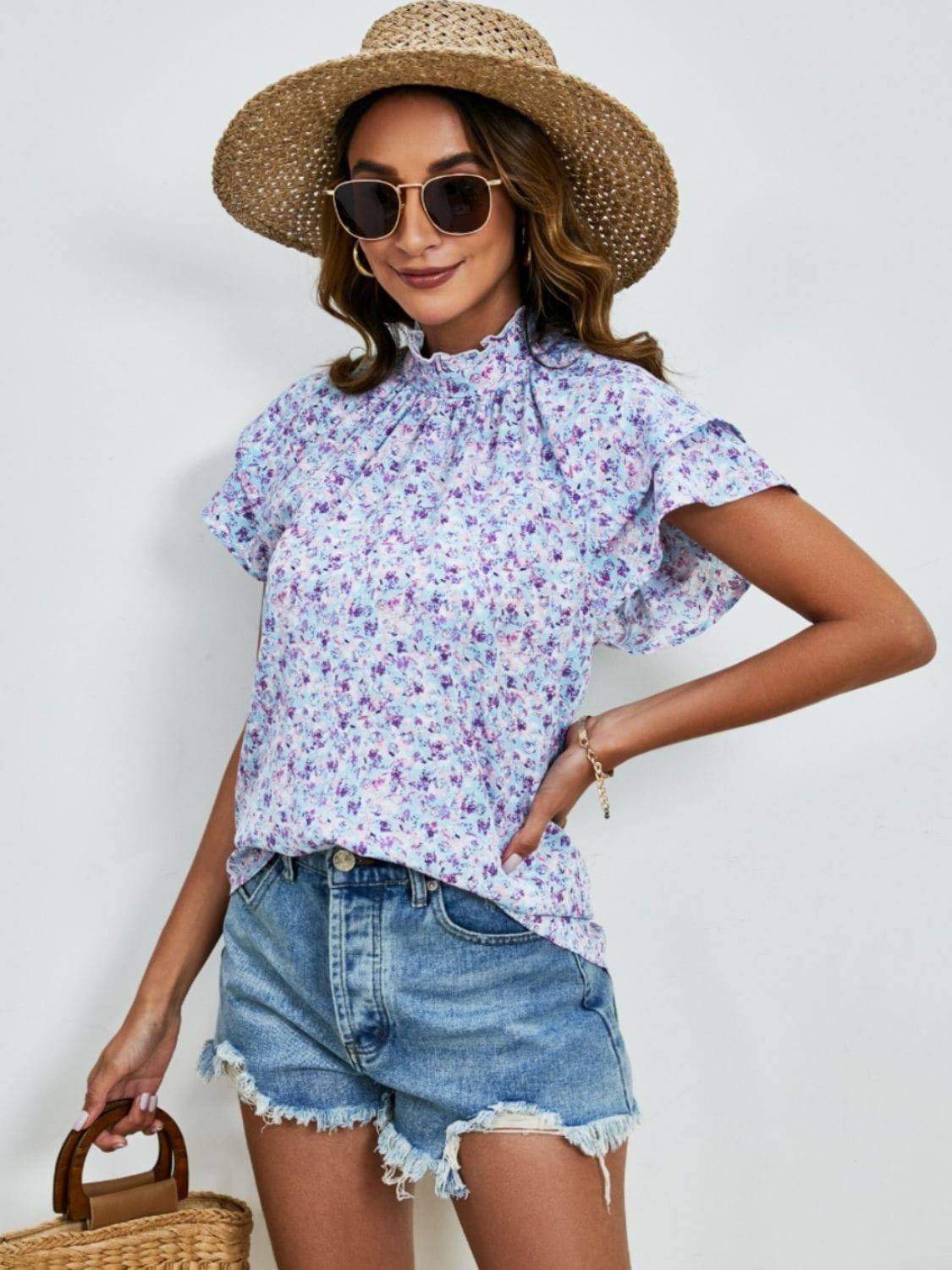 Ditsy Floral Mock Neck Flounce Sleeve Blouse - Carri's Cache