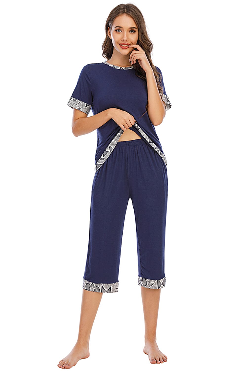 Round Neck Short Sleeve Top and Capris Pants Lounge Set - Carri's Cache