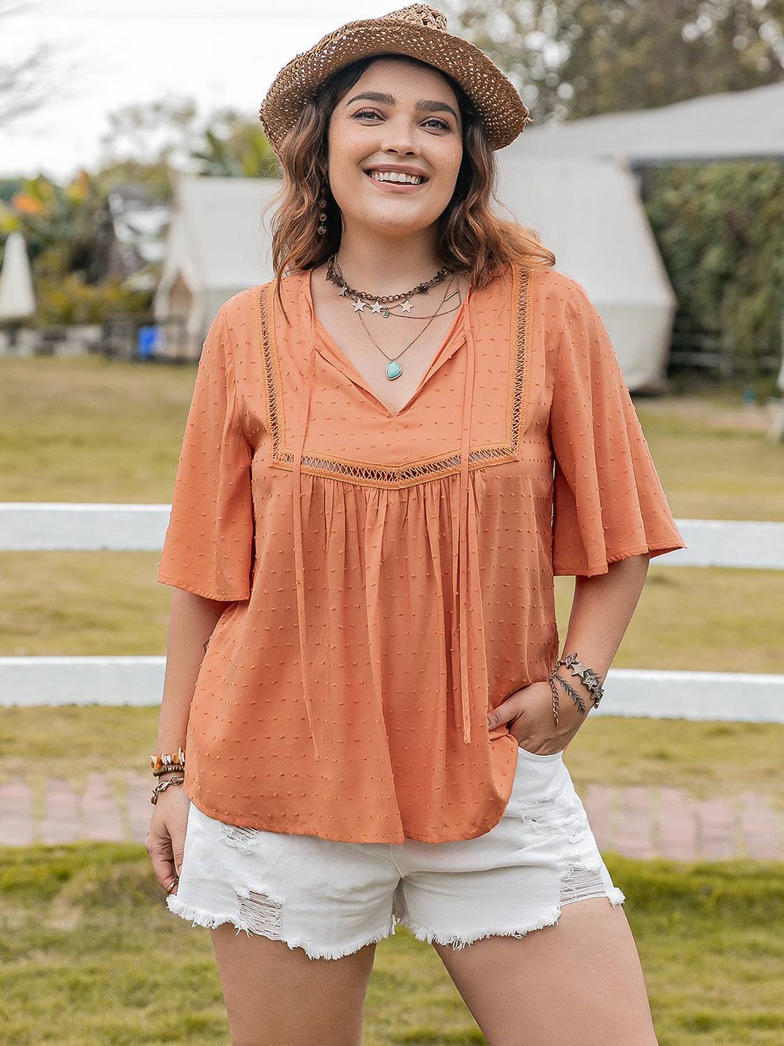 Plus Size Ruched Tie Neck Half Sleeve Blouse - Carri's Cache