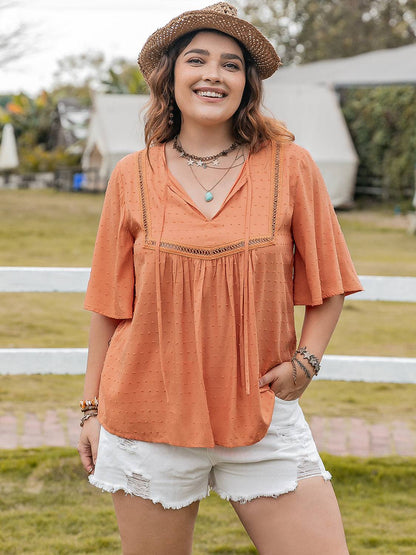 Plus Size Ruched Tie Neck Half Sleeve Blouse - Carri's Cache