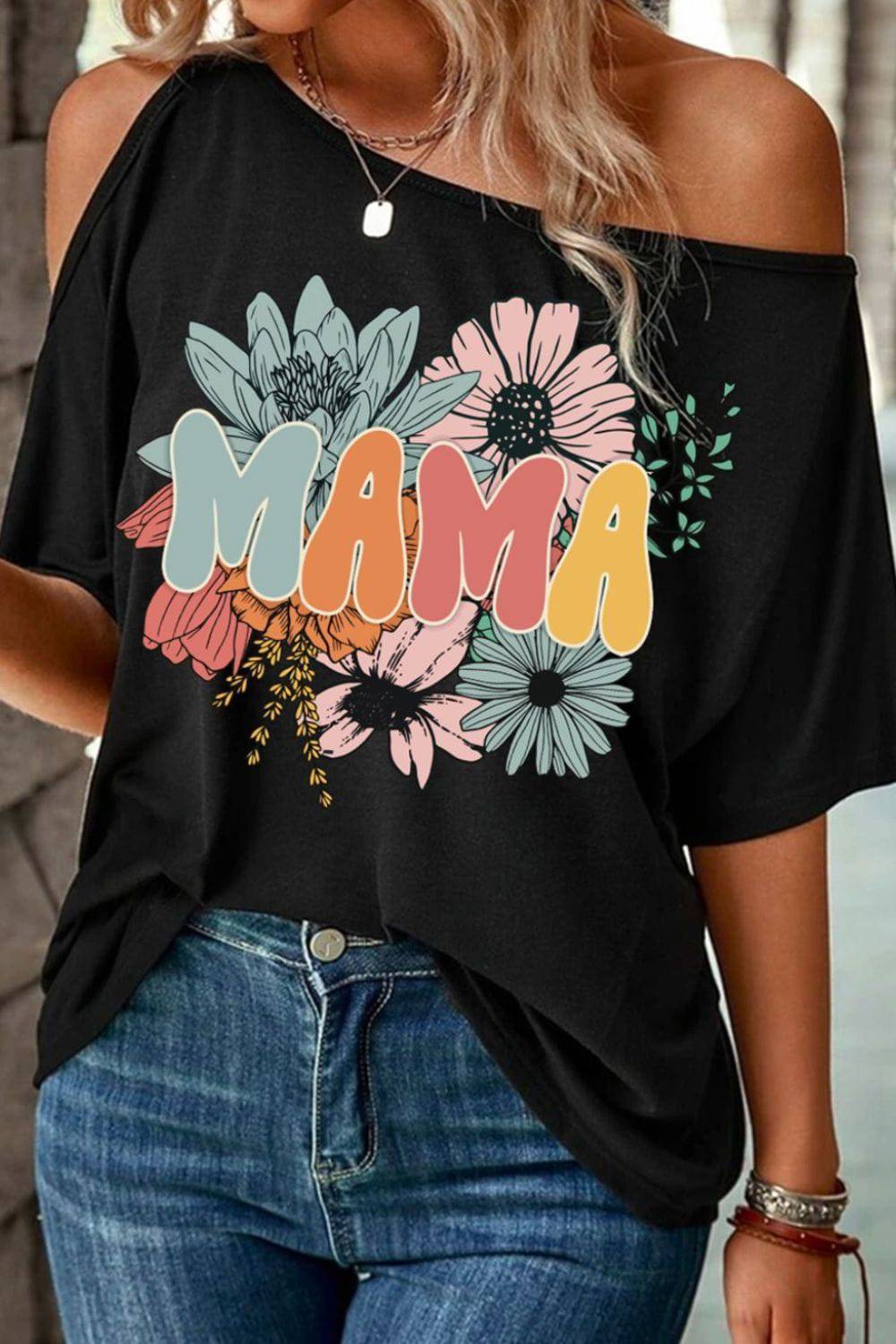 MAMA One Shoulder Half Sleeve T-Shirt - Carri's Cache