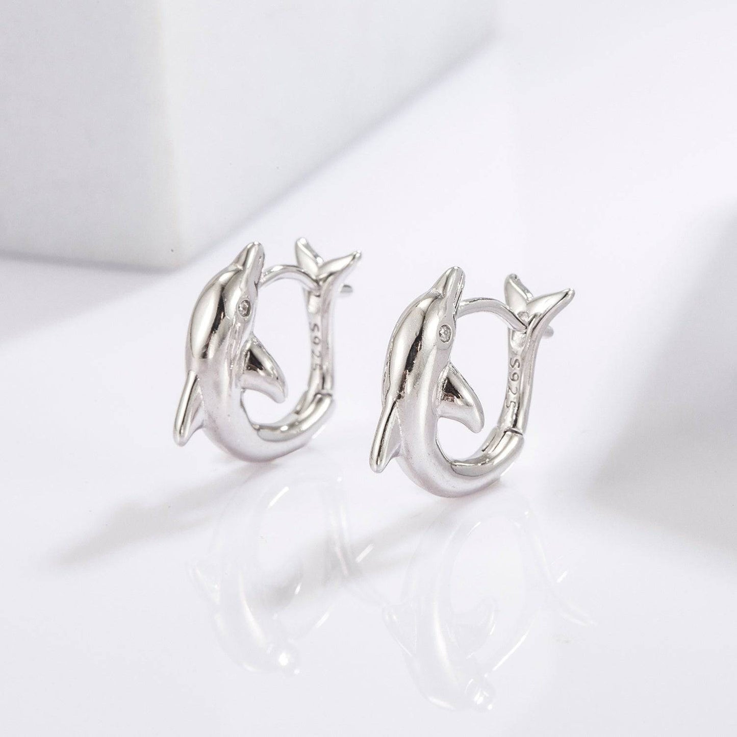 925 Sterling Silver Zircon Dolphin Earrings