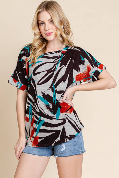 BOMBOM Printed Round Neck Short Sleeve T-Shirt - Carri's Cache