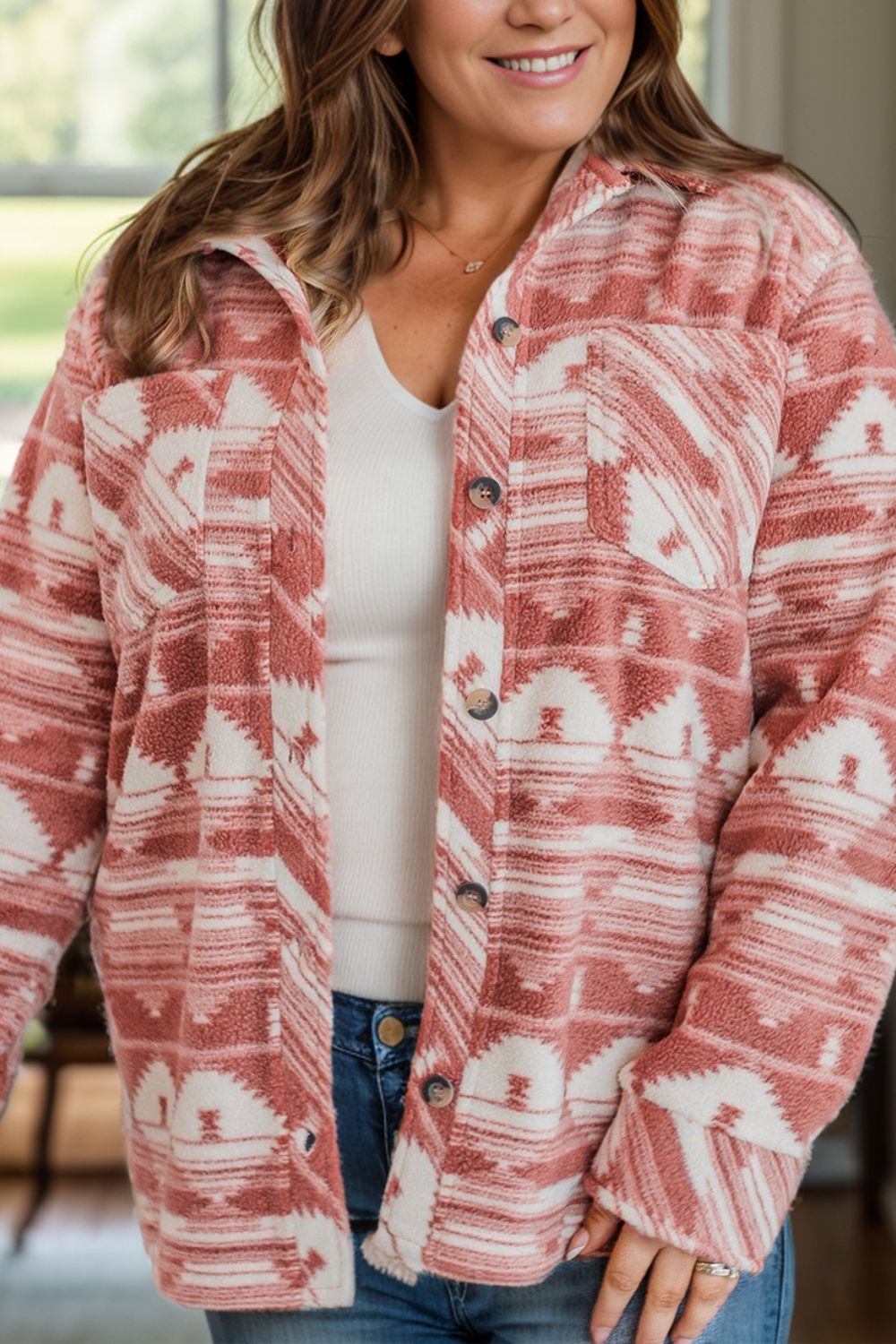 Plus Size Pocketed Printed Collared Neck Jacket - Carri's Cache